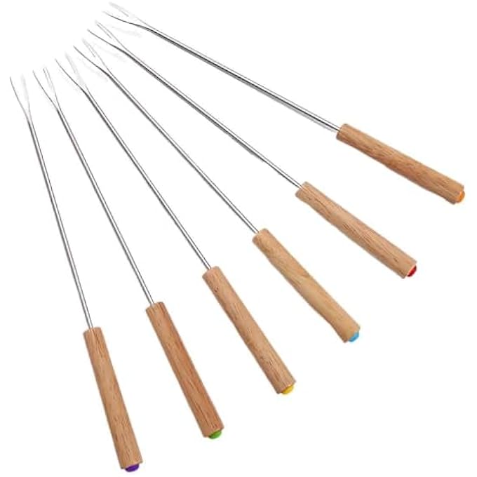 ريحني 6 قطع من شوك الفوندو بمقبض خشبي مانع للحرارة، شوك فاكهة بألوان عشوائية، مناسبة لنافورة الشوكولاتة وحلوى فوندو الجبن - Image 1