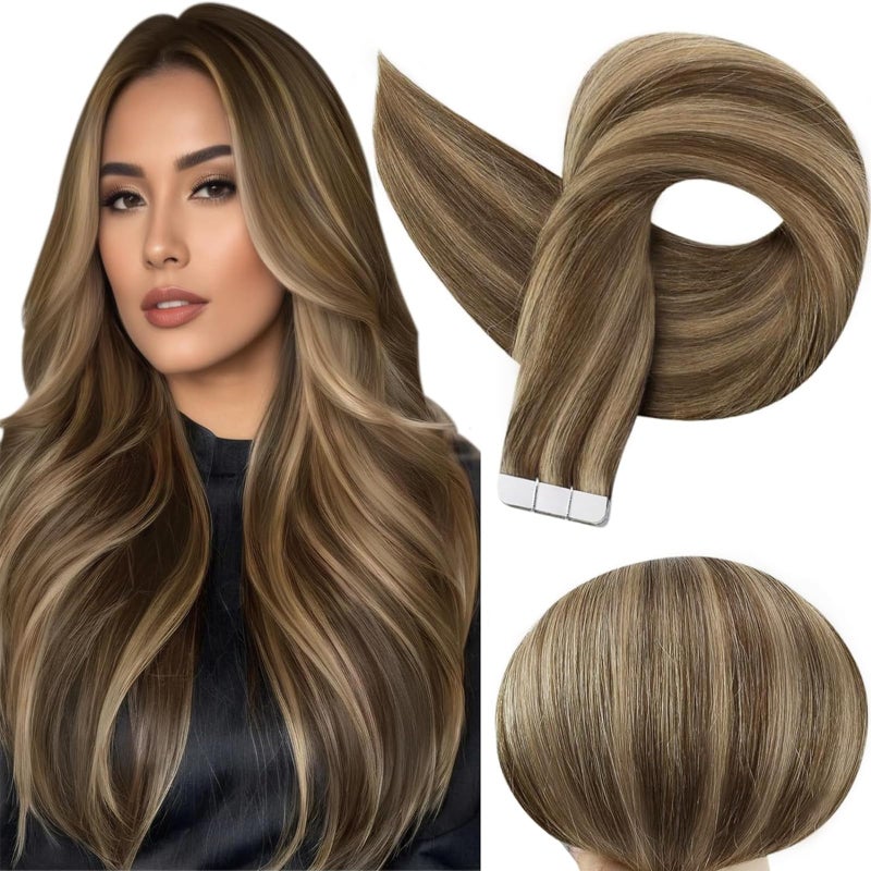 Full Shine Tape in Extensions Human Hair Tape in Real Hair Extensions 50 Gram 20 Pcs Glue in Hair Extensions 20 Inch Color 4 Medium Brown Highlight 27 Honey Blonde Seamless Hair Extension
