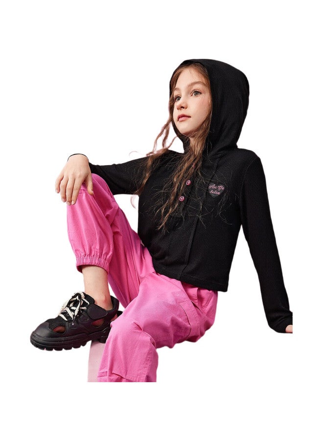 Ask Junior Girls' Autumn Outfit Set, Children'S Hooded Sweatshirt, Casual Cargo Pants, Sporty Color-Block Two-Piece Set, Pink, Size 150 - Image 1