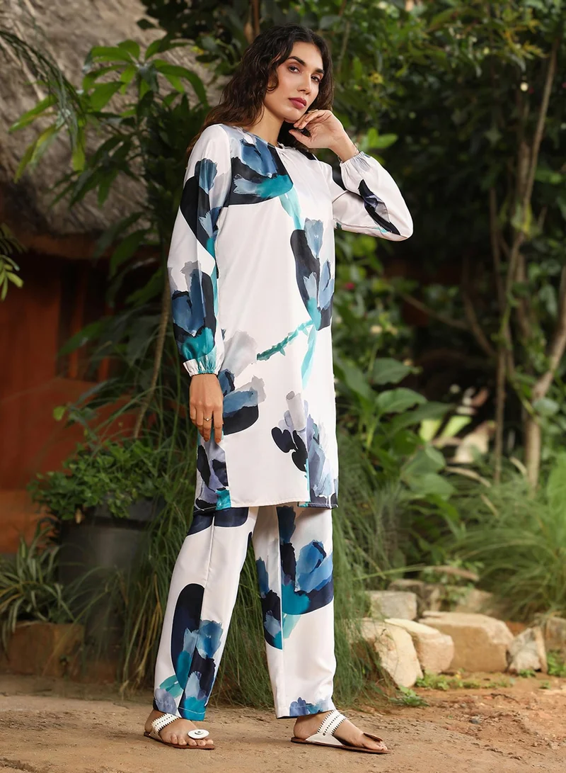 Qissa  Women's Prussian Blue & Ivory White Artistic Floret Kurta Set for Women | Best Price UAE