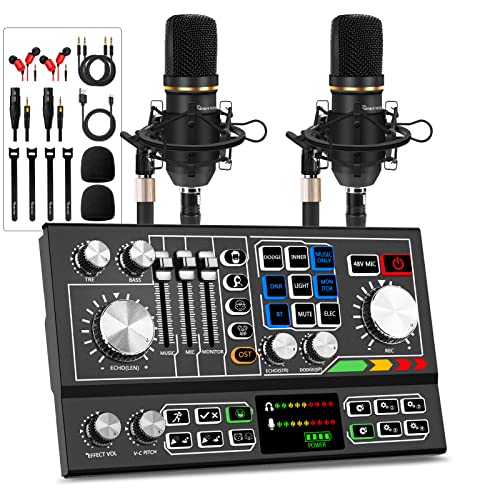 Hayner-Seek Podcast Equipment Bundle for 2, Audio Mixer with Condenser Microphone and 48V Phantom Power Supply Audio Interface for Live Stream Record Game - Image 1