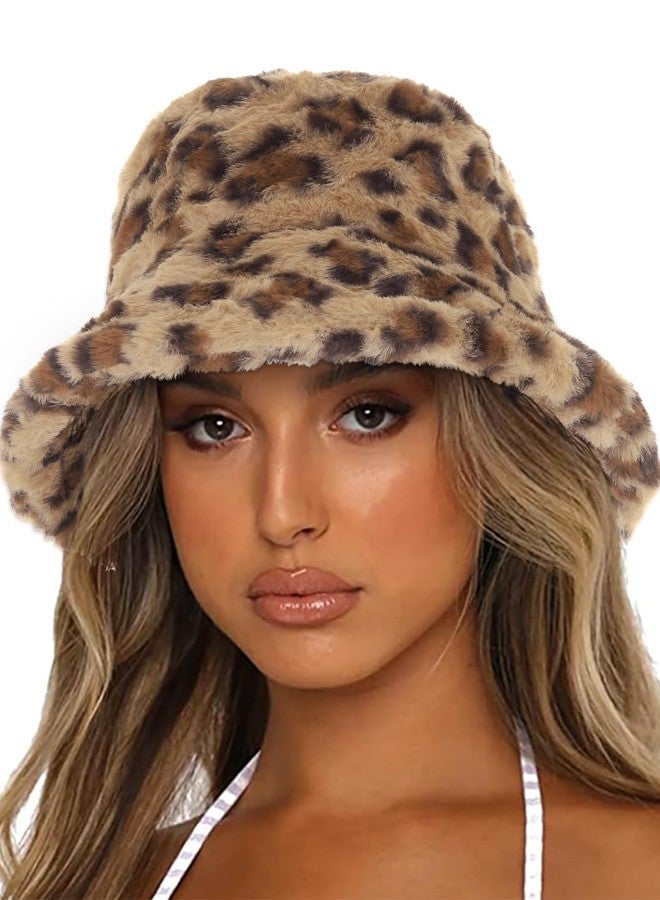 Urieo Winter Bucket Hats for Woman Leopard Printed Fluffy Faux Fur Hat Plush Warm Fisherman Hats Daily Outdoor - Image 1
