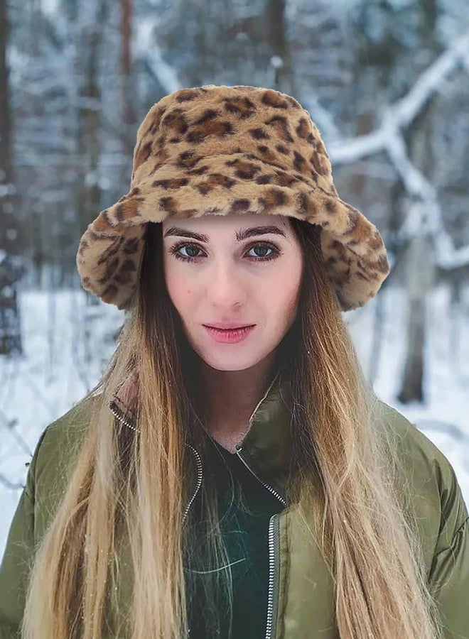 Urieo Winter Bucket Hats for Woman Leopard Printed Fluffy Faux Fur Hat Plush Warm Fisherman Hats Daily Outdoor - Image 4