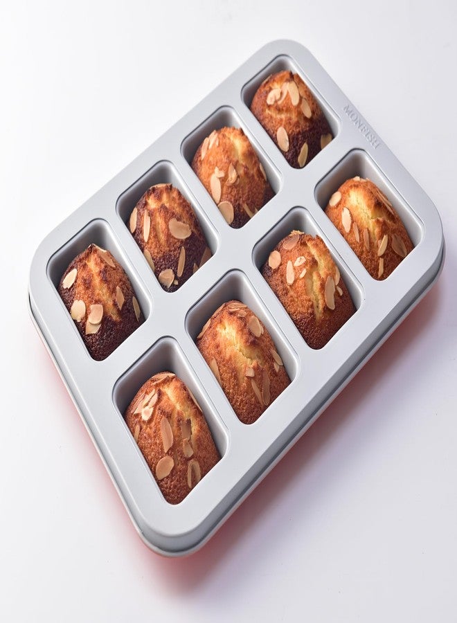 Monfish Mini Loaf Baking Pan 8 Cavity- Small Rectangle cake Pan -Financier Cake Mold Carbon Steel light gray non-stick coating bakeware w Perracotta base - Image 1