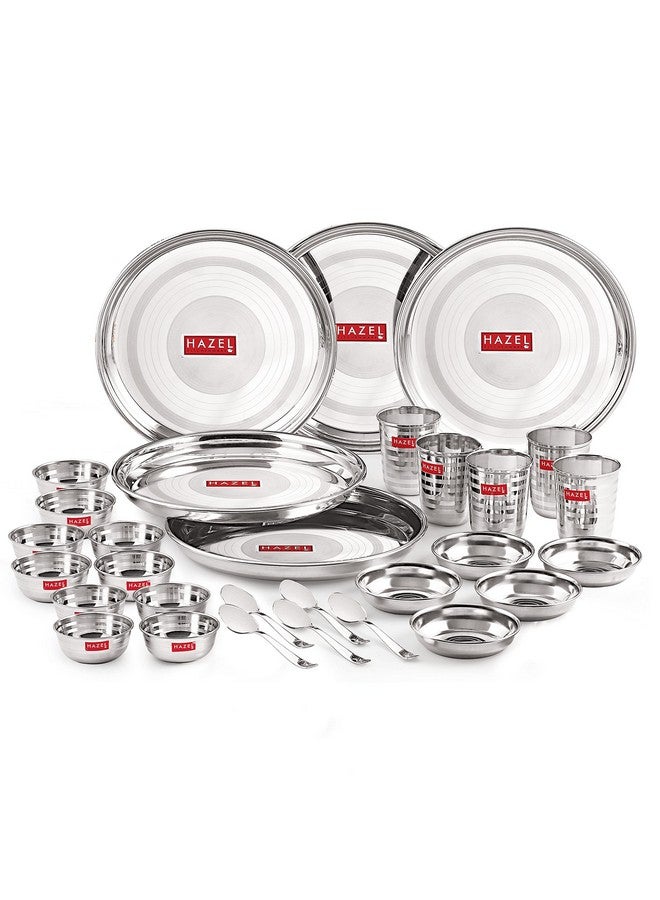 Hazel HAZEL Stainless Steel Dinner Set of 30 Pieces | 5 Plates, 10 Bowls, 5 Spoons, 5 Dessert Plates, 5 Glasses - Silver - Image 1