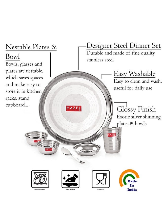Hazel HAZEL Stainless Steel Dinner Set of 30 Pieces | 5 Plates, 10 Bowls, 5 Spoons, 5 Dessert Plates, 5 Glasses - Silver - Image 3