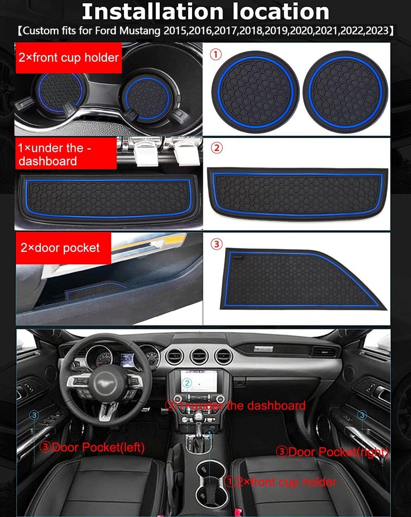 Auprite Non-Slip Mats for Ford Mustang 2015-2023, 5-Piece Set with Dark Blue Trim - Image 5