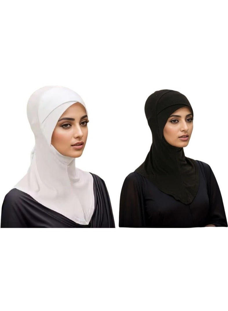 Sheiby 2-piece (Black & White) Muslim Women Hijab - latest head cross design Undercap Scarf with Neck Chin Cover- Bio based Modal stretchable cloth. Sports Hijab  - Image 2