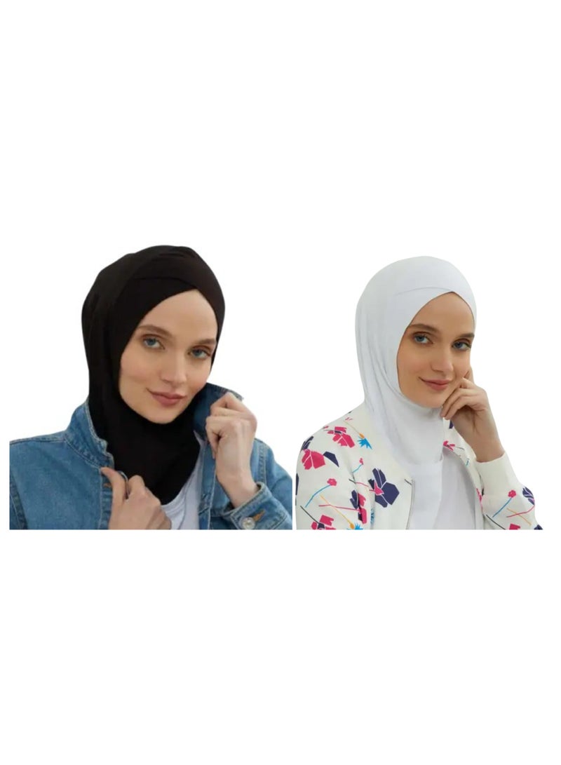 Sheiby 2-piece (Black & White) Muslim Women Hijab - latest head cross design Undercap Scarf with Neck Chin Cover- Bio based Modal stretchable cloth. Sports Hijab  - Image 3