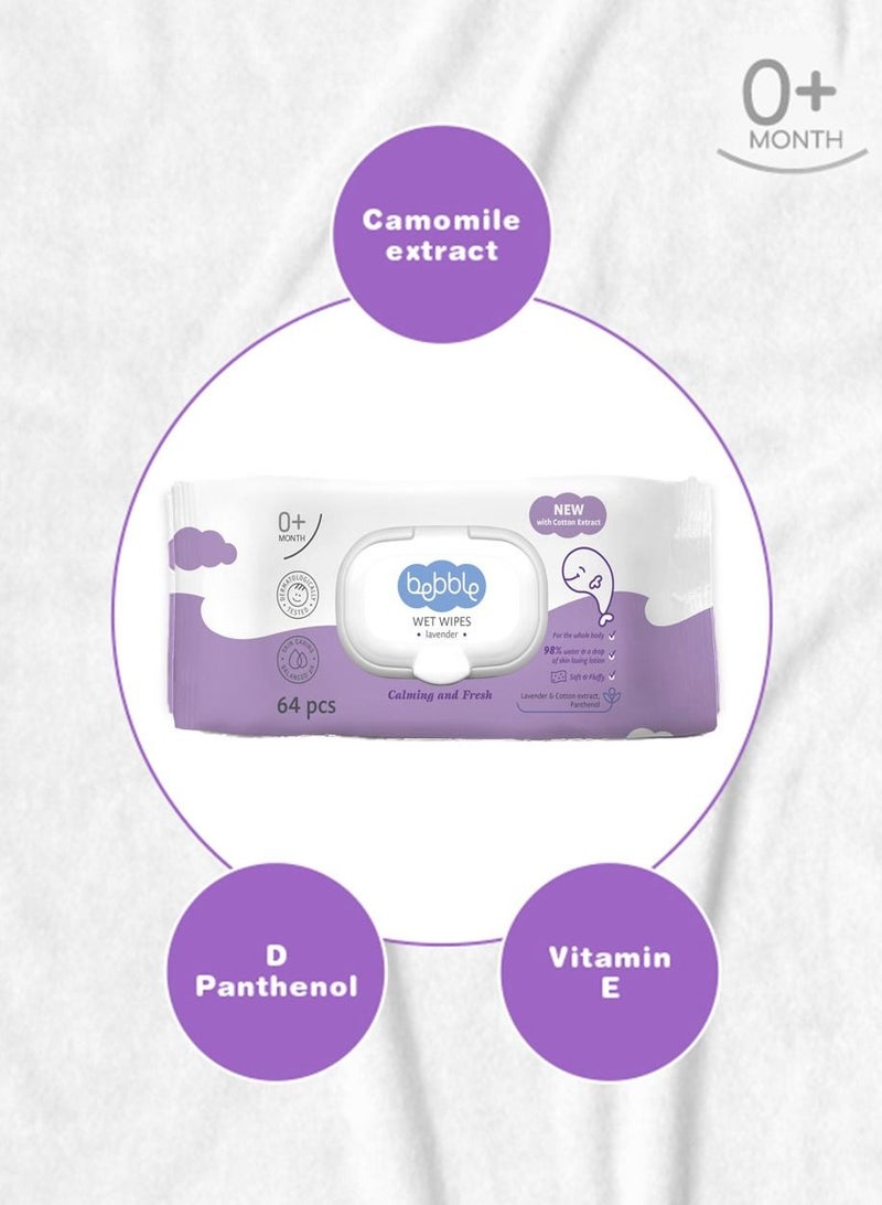 بيبل مناديل مبللة للأطفال اللافندر تم اختبارها من قبل أطباء الجلدية والعناية بالبشرة متوازنة درجة الحموضة مهدئة ومنعشة ومنعشة بنسبة 98٪ ماء للجسم بالكامل 64 منديل - Image 2
