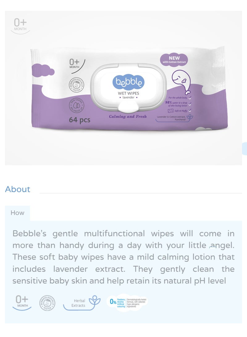 بيبل مناديل مبللة للأطفال اللافندر تم اختبارها من قبل أطباء الجلدية والعناية بالبشرة متوازنة درجة الحموضة مهدئة ومنعشة ومنعشة بنسبة 98٪ ماء للجسم بالكامل 64 منديل - Image 3