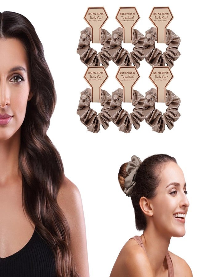 OWITER Satin Bridesmaid Scrunchies Bachelorette Hair Ties Set of 6 Bridal Shower No Damage Hairties ideas Gift for Wedding Party (brown)