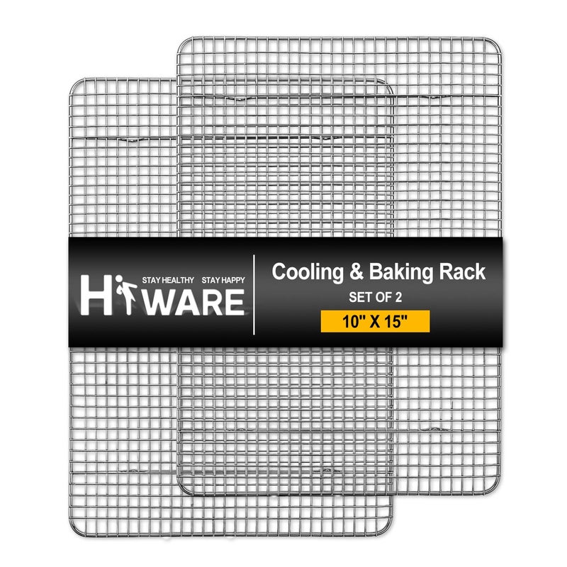 Hiware 2-Pack Cooling Racks for Baking - 10" x 15" - Stainless Steel Wire Cookie Rack Fits Jelly Roll Sheet Pan, Oven Safe for Cooking, Roasting, Grilling - Image 1