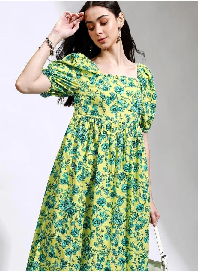 Tokyo Talkies All-Over Floral Print Puff Sleeve Midi Dress by Styli