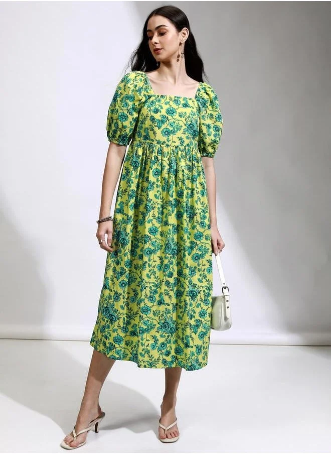 Tokyo Talkies All-Over Floral Print Puff Sleeve Midi Dress by Styli