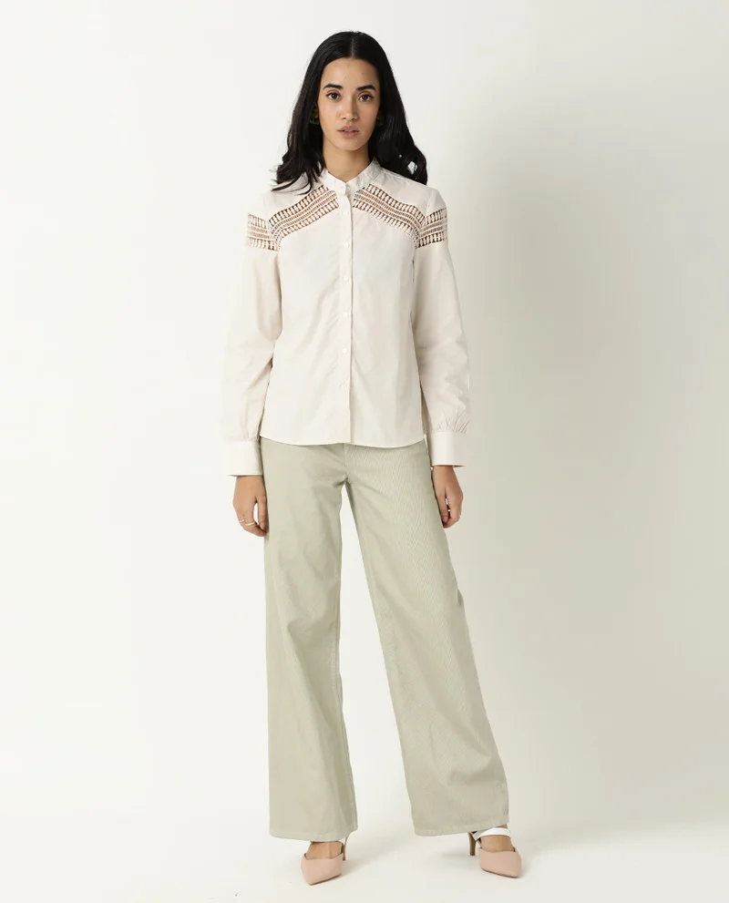 Rareism Women's Lace Insert Poplin Fitted Shirt