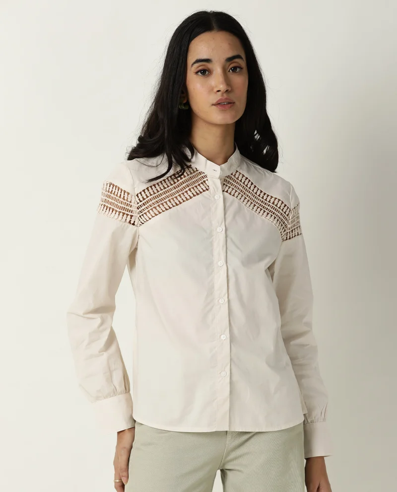 Rareism Women's Lace Insert Poplin Fitted Shirt