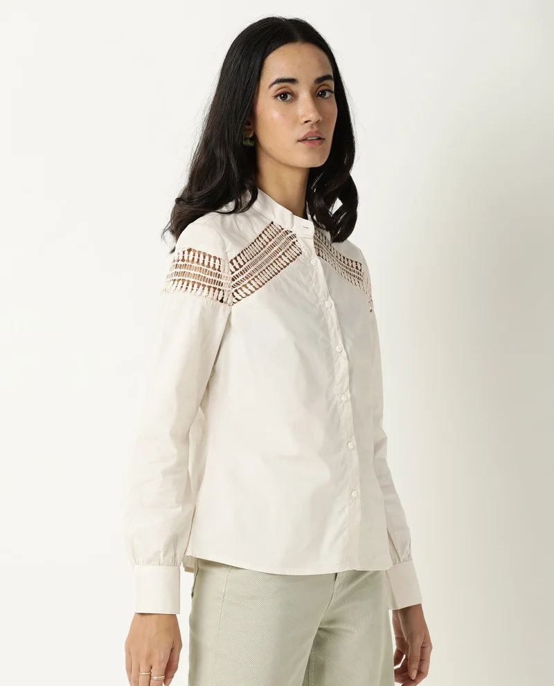 Rareism Women's Lace Insert Poplin Fitted Shirt