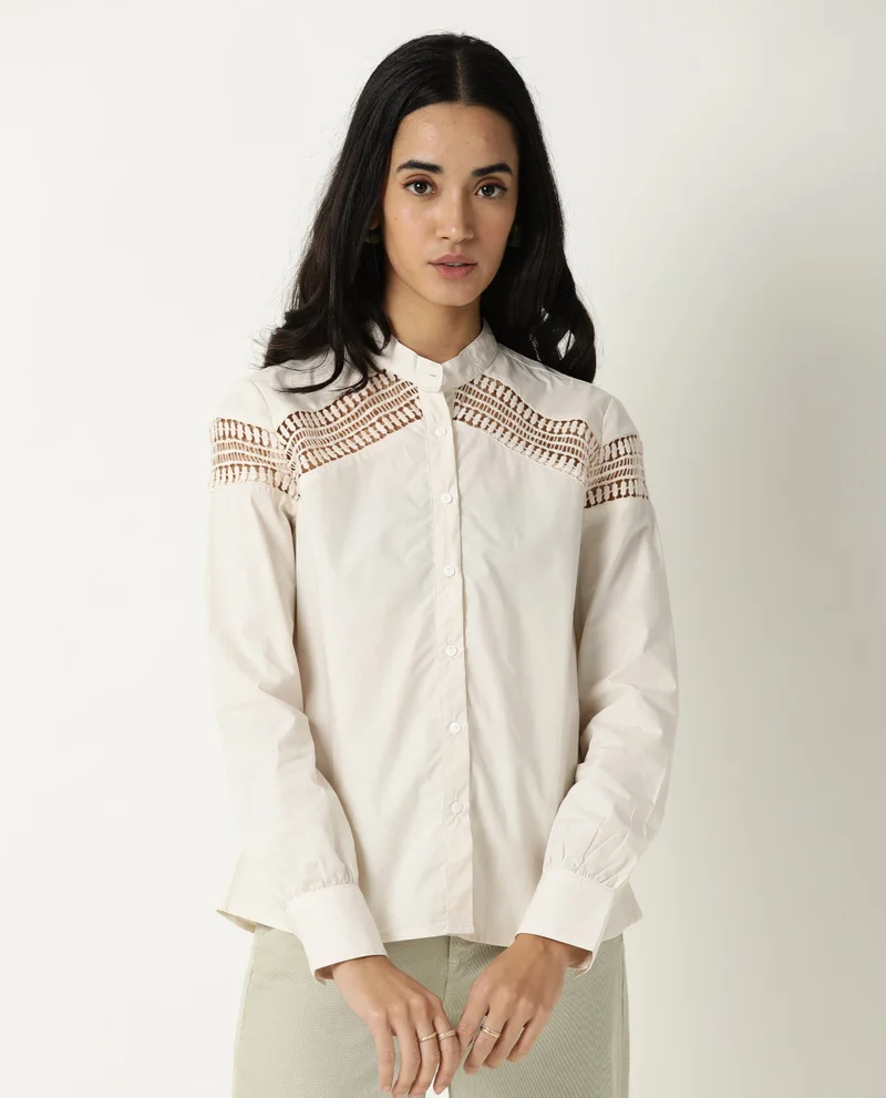 Rareism Women's Lace Insert Poplin Fitted Shirt