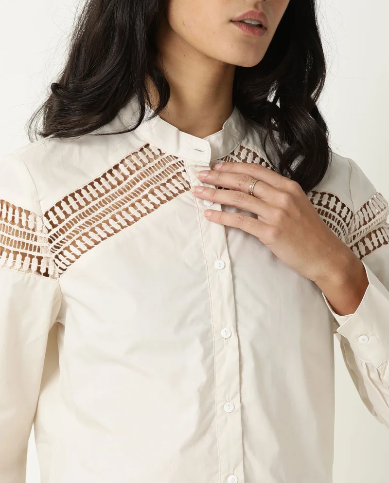 Rareism Women's Lace Insert Poplin Fitted Shirt
