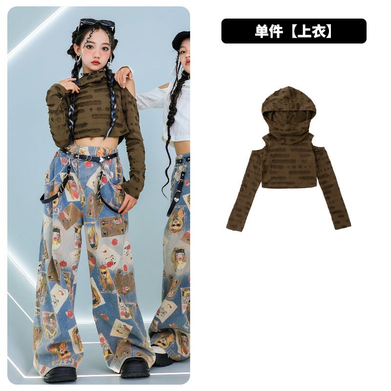 Jazz Dance Girls Clothing, Navel-Baring Mesh Fake Two-Piece Jeans Suit, Fashionable Street Catwalk, Hip-Hop Trendy Clothing for Women Off-shoulder long sleeves