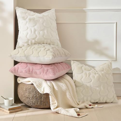 decorUhome Easter Bunny Pillow Covers 18x18 Inch Set of 2 Soft Plush Faux Wool Jacquard Cream White Rabbit Cushion Covers Farmhouse Neutral Spring Easter Holiday Decor for Couch Sofa Bed - Image 3