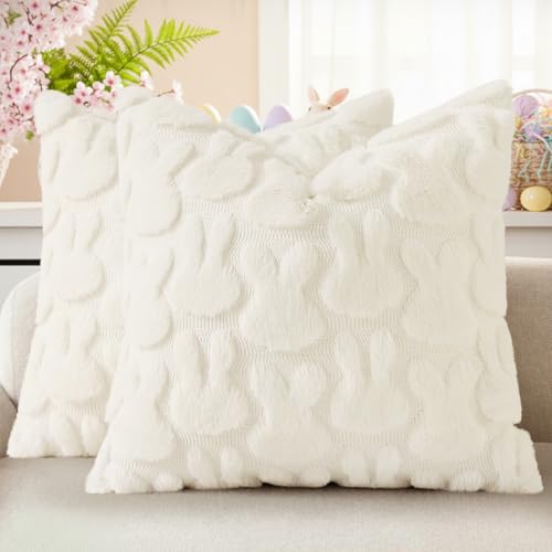 decorUhome Easter Bunny Pillow Covers 18x18 Inch Set of 2 Soft Plush Faux Wool Jacquard Cream White Rabbit Cushion Covers Farmhouse Neutral Spring Easter Holiday Decor for Couch Sofa Bed - Image 1