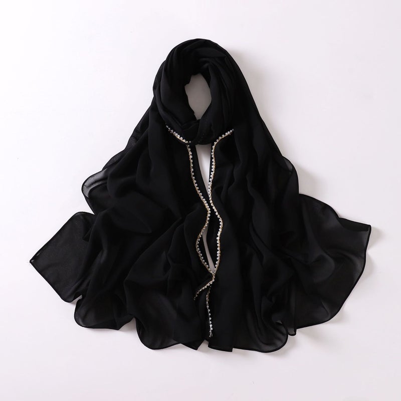 75D Pearl Chiffon Beaded Scarf Ethnic Hijab Black