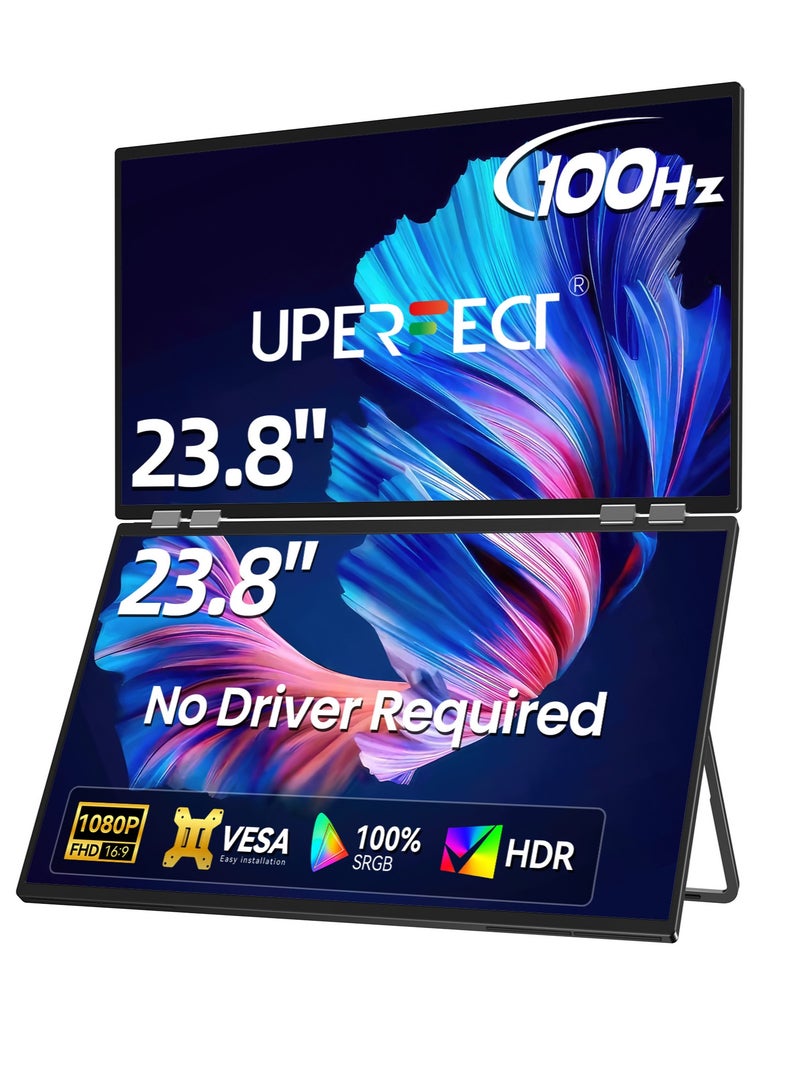 أوبيرفكت شاشة UPERFECT 23.8 بوصة مزدوجة محمولة مقاس 23.8 بوصة شاشة محمولة 1920*1080P FHD USB C Mini HDMI للكمبيوتر المحمول الكمبيوتر الشخصي الذكي XBO Switch PS4/5، هيكل معدني، شاشة محمولة قابلة للتركيب VESA - Image 1