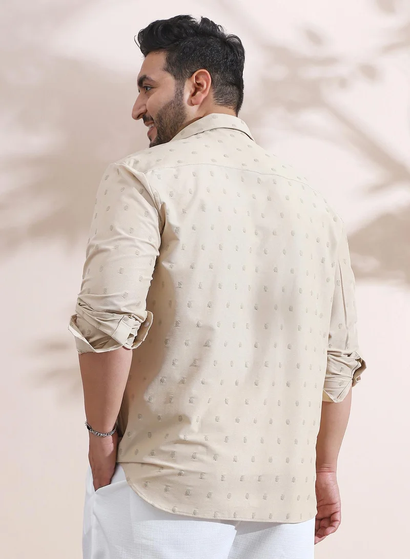 Instafab Plus Instafab Plus Men's Sand Beige Polka-Tactile Shirt For Casual Wear | Spread Collar | Long Cuffed Sleeves | Button Closure | Plus Size Shirt Crafted With Comfort Fit For Everyday Wear