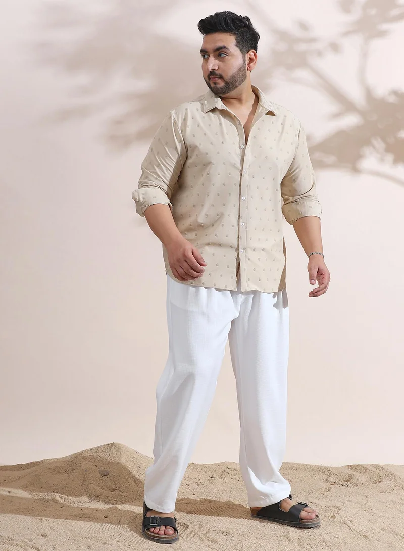 Instafab Plus Instafab Plus Men's Sand Beige Polka-Tactile Shirt For Casual Wear | Spread Collar | Long Cuffed Sleeves | Button Closure | Plus Size Shirt Crafted With Comfort Fit For Everyday Wear
