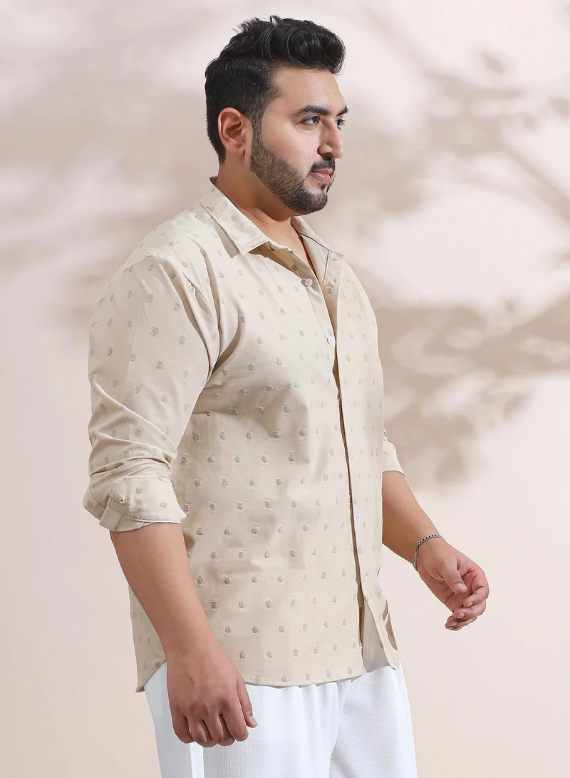 Instafab Plus Instafab Plus Men's Sand Beige Polka-Tactile Shirt For Casual Wear | Spread Collar | Long Cuffed Sleeves | Button Closure | Plus Size Shirt Crafted With Comfort Fit For Everyday Wear