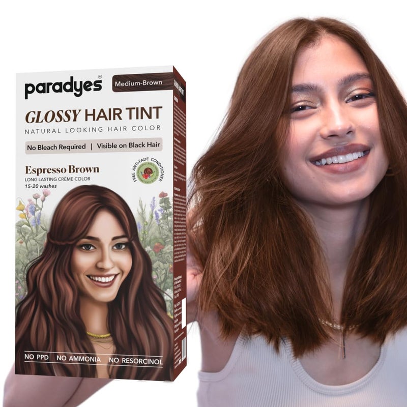 Paradyes No Bleach Espresso Brown Glossy Hair Tint for Natural Black Hair AmmoniaFree Formula With AntiFade Conditioner for LongLasting Shine 1 Count - Image 1