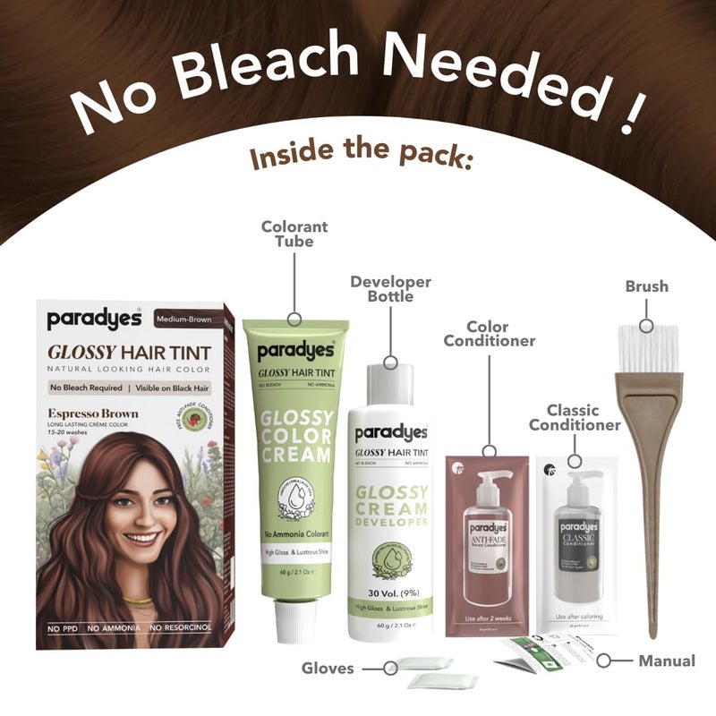 Paradyes No Bleach Espresso Brown Glossy Hair Tint for Natural Black Hair AmmoniaFree Formula With AntiFade Conditioner for LongLasting Shine 1 Count - Image 3
