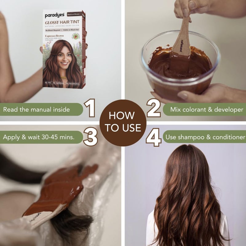 Paradyes No Bleach Espresso Brown Glossy Hair Tint for Natural Black Hair AmmoniaFree Formula With AntiFade Conditioner for LongLasting Shine 1 Count - Image 5