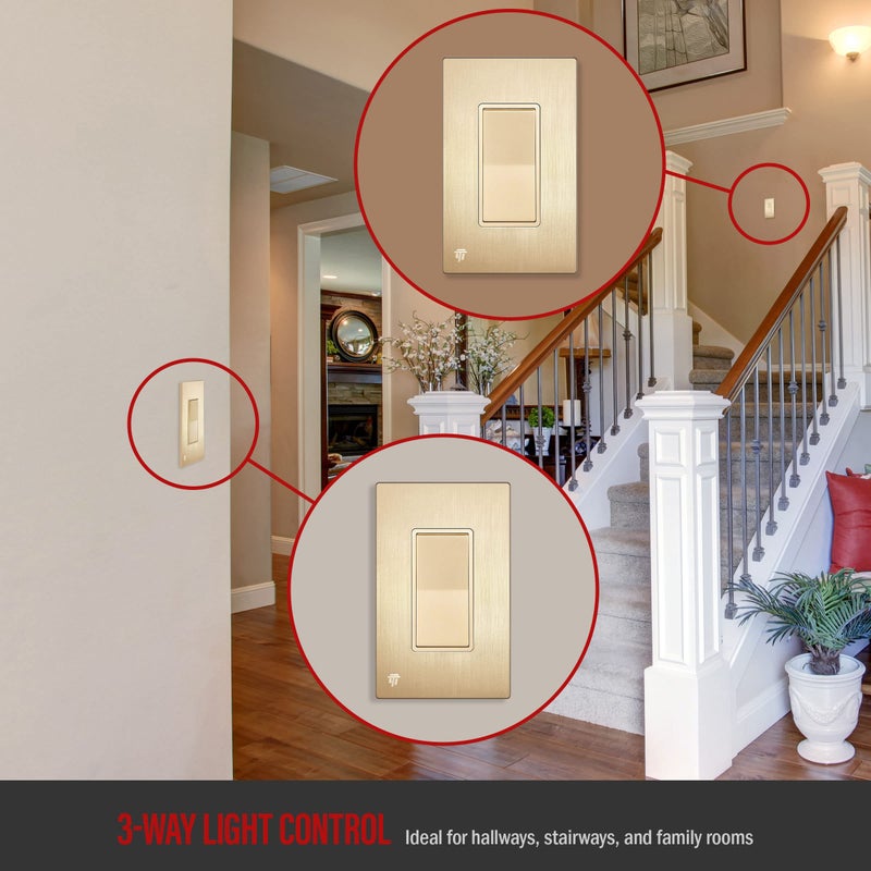 ENERLITES Elite Series Decorator Switch with Brushed Screwless Wall Plate, Paddle Light Switch, 3-Way or Single Pole, 3 Wire, Grounding Screw, Residential Grade, 15A 120V, UL listed, 93150-GDWBP - Image 3