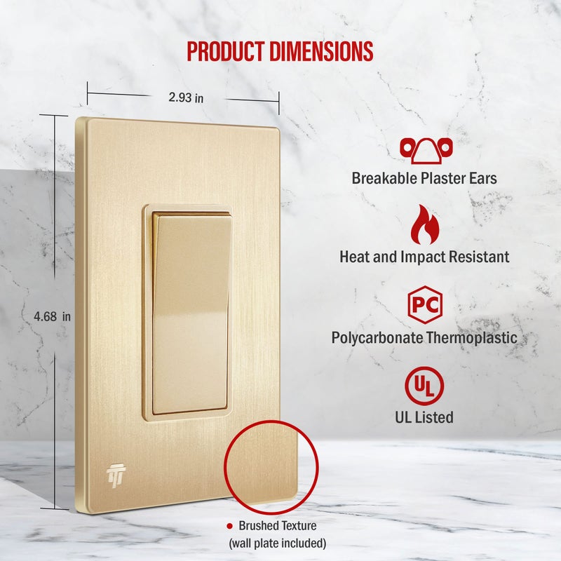 ENERLITES Elite Series Decorator Switch with Brushed Screwless Wall Plate, Paddle Light Switch, 3-Way or Single Pole, 3 Wire, Grounding Screw, Residential Grade, 15A 120V, UL listed, 93150-GDWBP - Image 2