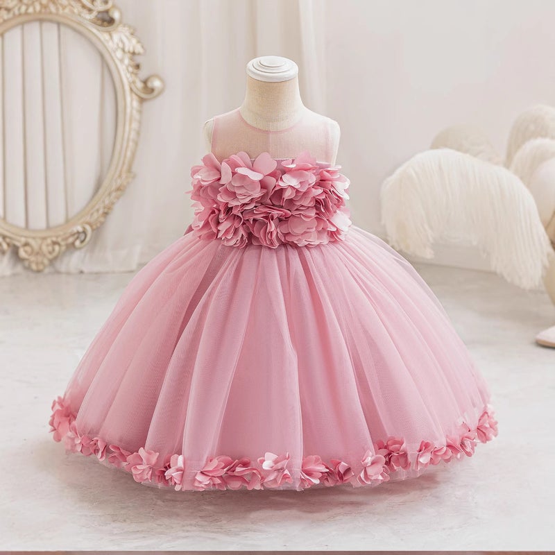 Girls Light Luxury Three-Dimensional Flower dress New Style 2-10 Years Old Sweet Vest Puffy Princess Dress Birthday Dress Peach pink