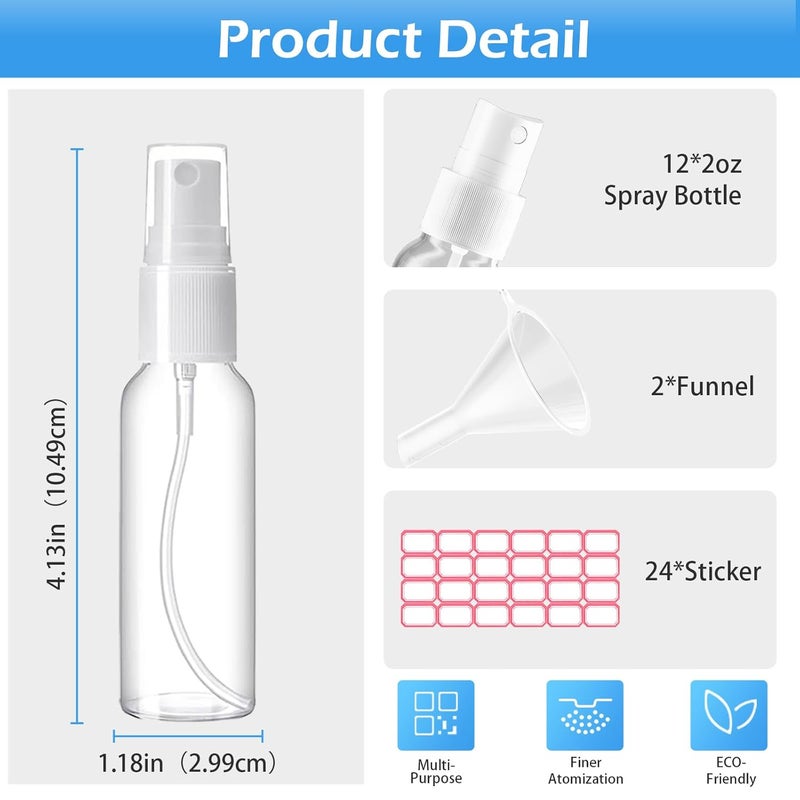 ZZCP Spray Bottles, 2oz/50ml Clear Empty Fine Mist Plastic Mini Travel Bottle Set, Small Refillable Liquid Containers with 2pcs Funnels and 24pcs Labels (12 Pack) - Image 3