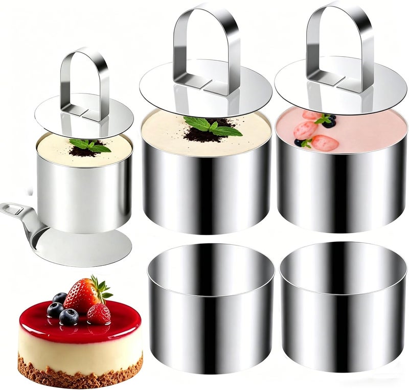 KUAYB Round Cake Ring Molds, 4 inch Stainless Steel Food Rings Dessert Mousse Cooking Rings Mold Extra High 6cm with Pusher & Lifter (Include 4 Rings & 2 Pushers& 1 Lifter) - Image 1