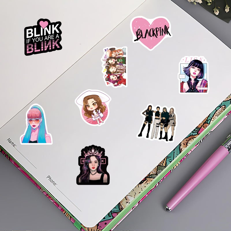 SHOWSUP 50pcs Cute Blackpink Stickers, Singer Waterproof Vinyl Decals for Teens Girls Laptop Phone Guitar Luggage Water Bottles Notebook Journal Skateboard (Black) - Image 4