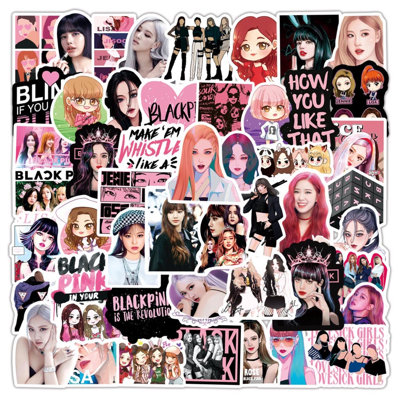 SHOWSUP 50pcs Cute Blackpink Stickers, Singer Waterproof Vinyl Decals for Teens Girls Laptop Phone Guitar Luggage Water Bottles Notebook Journal Skateboard (Black) - Image 2