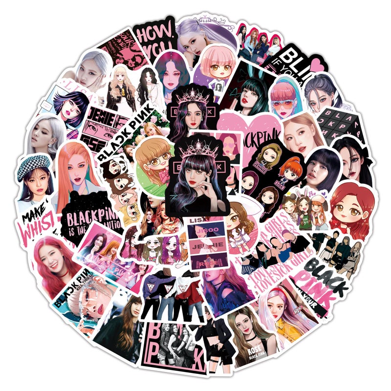 SHOWSUP 50pcs Cute Blackpink Stickers, Singer Waterproof Vinyl Decals for Teens Girls Laptop Phone Guitar Luggage Water Bottles Notebook Journal Skateboard (Black) - Image 1