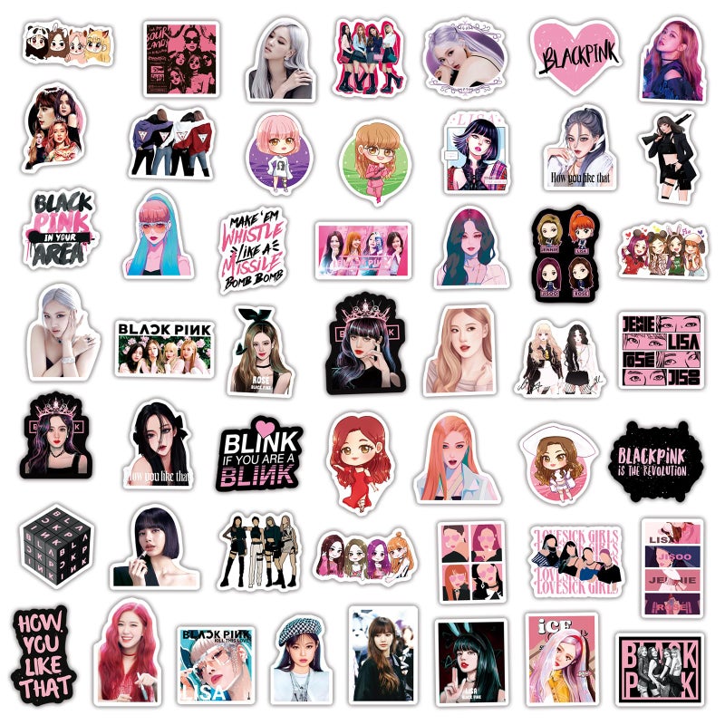SHOWSUP 50pcs Cute Blackpink Stickers, Singer Waterproof Vinyl Decals for Teens Girls Laptop Phone Guitar Luggage Water Bottles Notebook Journal Skateboard (Black) - Image 3