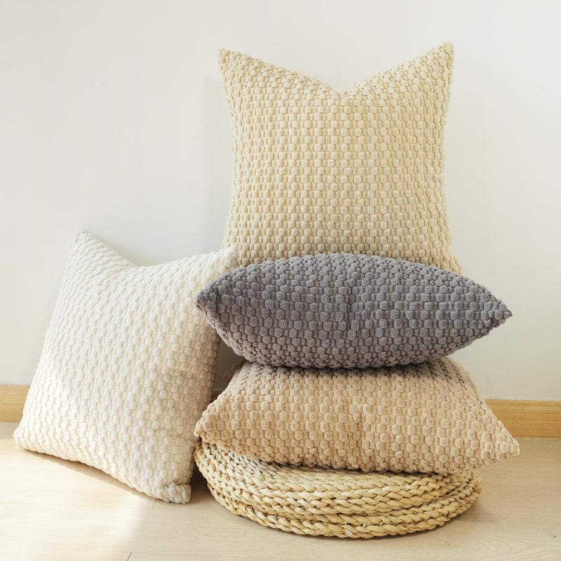 JOJUSIS Pack of 4 Neutral Decorative Throw Pillow Covers Farmhouse Boho Home Decor Striped Corduroy Square Pillowcases 18 x 18 Inch - Image 4