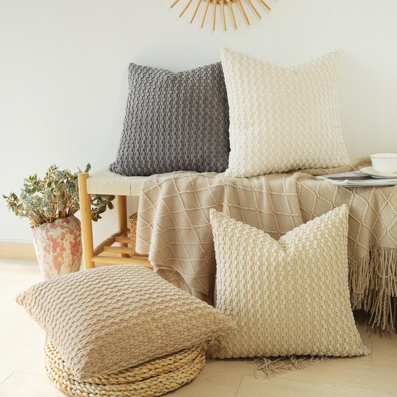 JOJUSIS Pack of 4 Neutral Decorative Throw Pillow Covers Farmhouse Boho Home Decor Striped Corduroy Square Pillowcases 18 x 18 Inch - Image 5