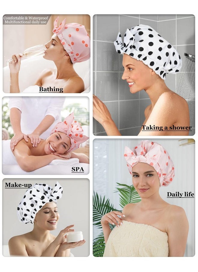 Luvruitaky - Shower Cap 2Pcs Shower Caps For Women Reusable Waterproof Hair Cap For Shower With Adjustable Bowknot Luxury Bath Cap For Women (Black Dot & Pink Dot) - Image 1