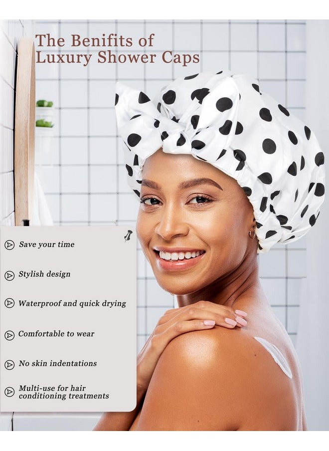 Luvruitaky - Shower Cap 2Pcs Shower Caps For Women Reusable Waterproof Hair Cap For Shower With Adjustable Bowknot Luxury Bath Cap For Women (Black Dot & Pink Dot) - Image 1
