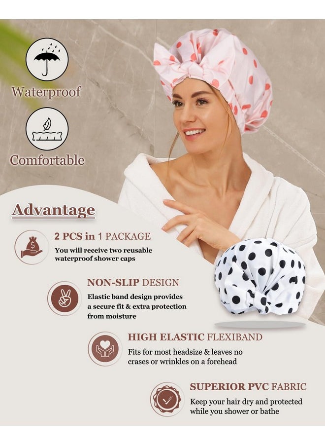 Luvruitaky - Shower Cap 2Pcs Shower Caps For Women Reusable Waterproof Hair Cap For Shower With Adjustable Bowknot Luxury Bath Cap For Women (Black Dot & Pink Dot) - Image 1