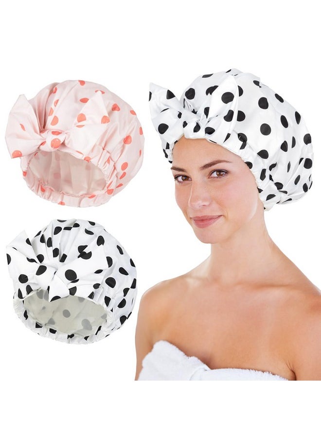Luvruitaky - Shower Cap 2Pcs Shower Caps For Women Reusable Waterproof Hair Cap For Shower With Adjustable Bowknot Luxury Bath Cap For Women (Black Dot & Pink Dot) - Image 1